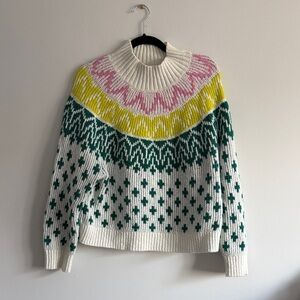 Old Navy White Fair Isle Turtleneck Sweater with Pink, Yellow & Green Accents